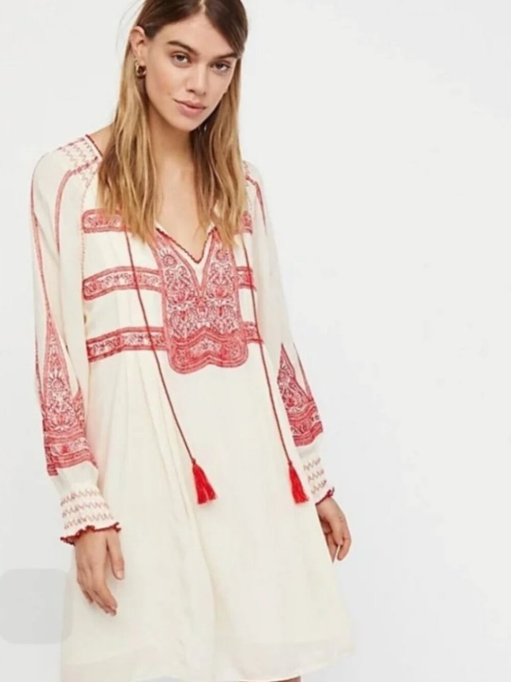 Free People‎ Wind Willow Embroidered Mini Dress Cream Peasant